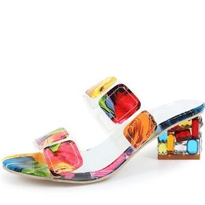 Fashion Nova Colorful Jeweled Block Heel Sandals | Clear Strap Statement Heels